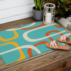 Fine Loops Mid-Century Modern Minimalist Turquoise Teal, Orange, Mustard, and Cream  Outdoor Rug Gallery Image 2