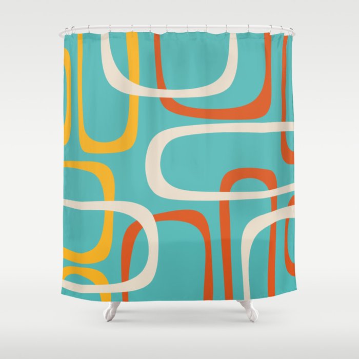 Fine Loops Mid-Century Modern Minimalist Turquoise Teal, Orange, Mustard, and Cream  Shower Curtain Gallery Image 1