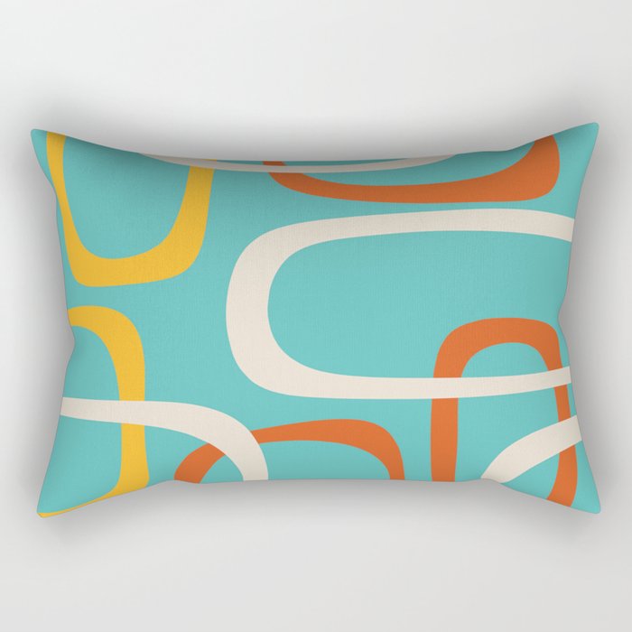 Fine Loops Mid-Century Modern Minimalist Turquoise Teal, Orange, Mustard, and Cream  Rectangular Pillow Gallery Image 1