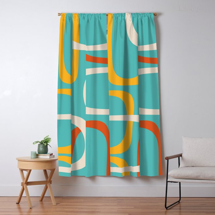 Fine Loops Mid-Century Modern Minimalist Turquoise Teal, Orange, Mustard, and Cream  Window Curtain Gallery Image 5