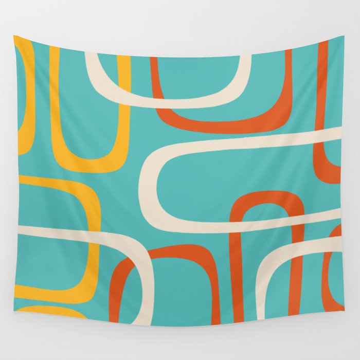 Fine Loops Mid-Century Modern Minimalist Turquoise Teal, Orange, Mustard, and Cream  Wall Tapestry Gallery Image 4