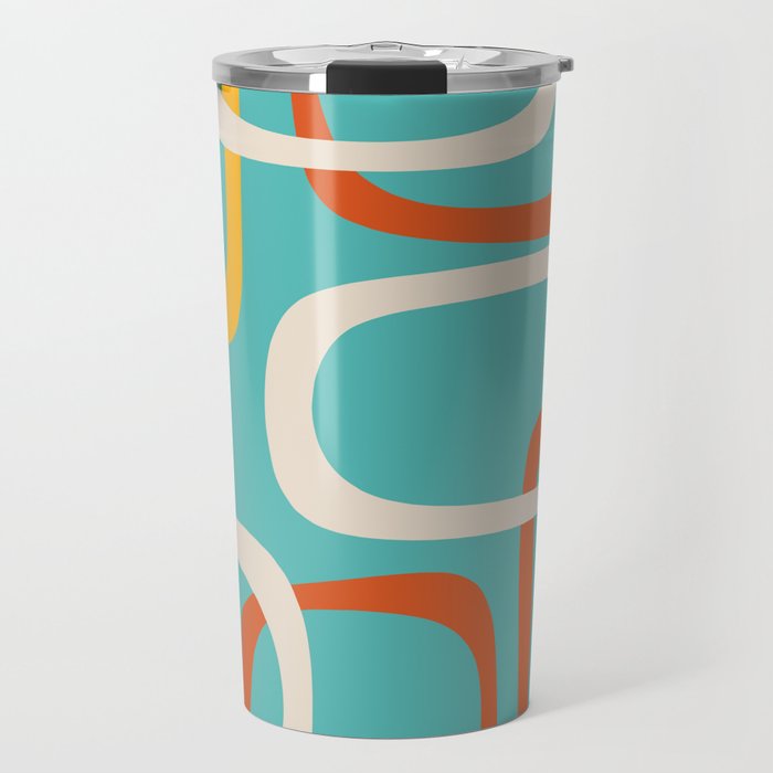 Fine Loops Mid-Century Modern Minimalist Turquoise Teal, Orange, Mustard, and Cream  Travel Mug Gallery Image 1