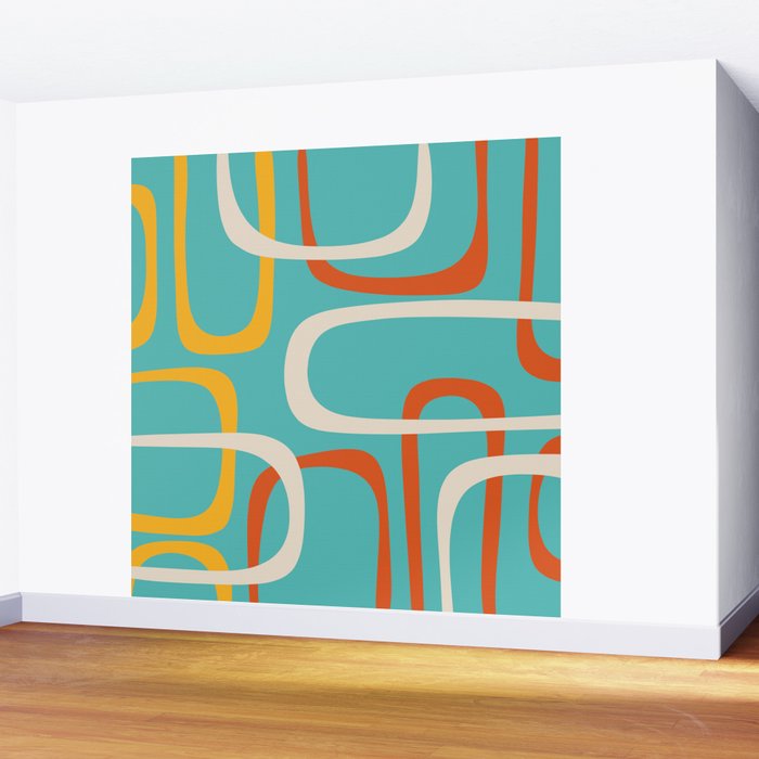 Fine Loops Mid-Century Modern Minimalist Turquoise Teal, Orange, Mustard, and Cream  Wall Mural Gallery Image 2