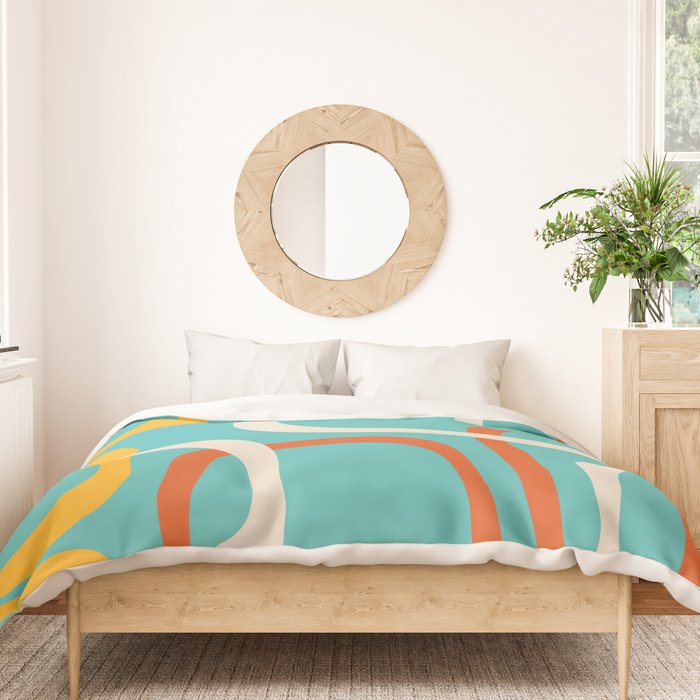 Fine Loops Mid-Century Modern Minimalist Turquoise Teal, Orange, Mustard, and Cream  Duvet Cover Gallery Image 3