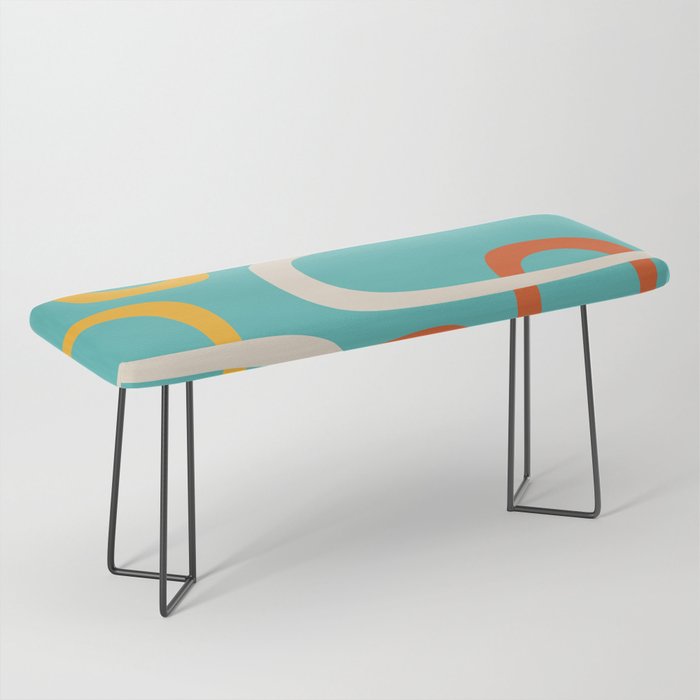 Fine Loops Mid-Century Modern Minimalist Turquoise Teal, Orange, Mustard, and Cream  Bench Gallery Image 1