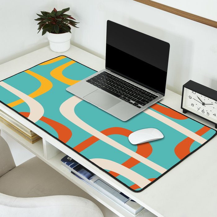 Fine Loops Mid-Century Modern Minimalist Turquoise Teal, Orange, Mustard, and Cream  Desk Mat Gallery Image 2