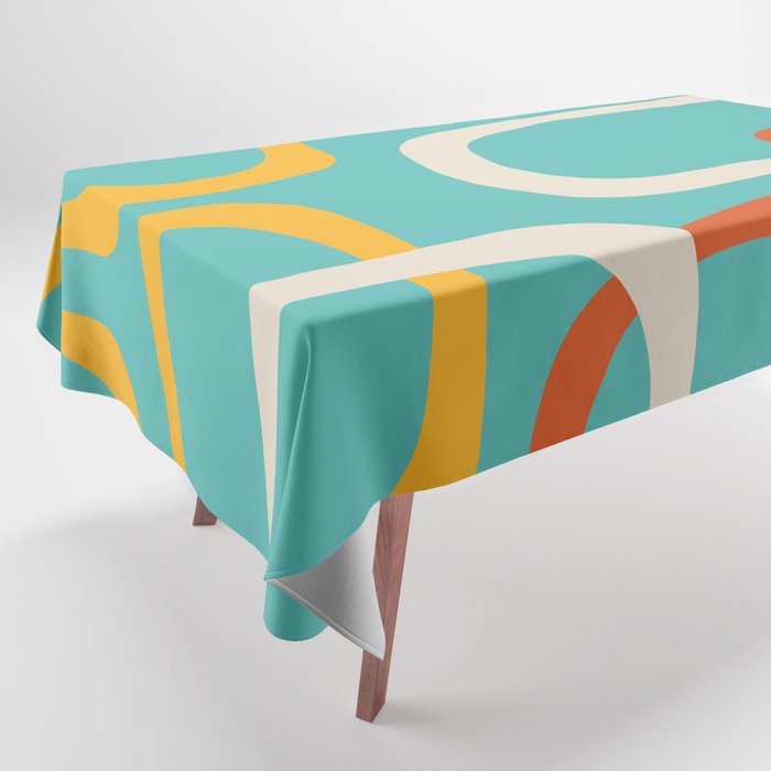 Fine Loops Mid-Century Modern Minimalist Turquoise Teal, Orange, Mustard, and Cream  Tablecloth