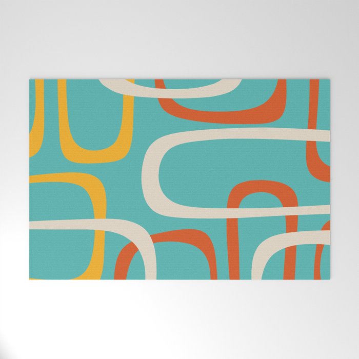 Fine Loops Mid-Century Modern Minimalist Turquoise Teal, Orange, Mustard, and Cream  Welcome Mat Gallery Image 1
