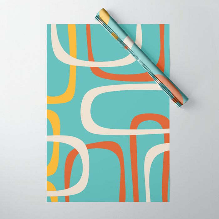Fine Loops Mid-Century Modern Minimalist Turquoise Teal, Orange, Mustard, and Cream  Wrapping Paper Gallery Image 1