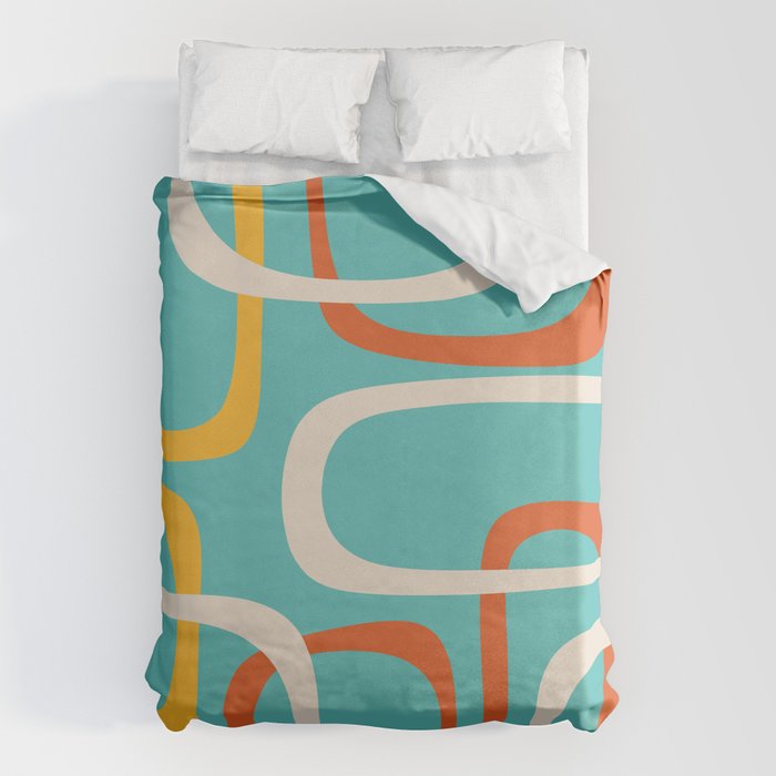 Fine Loops Mid-Century Modern Minimalist Turquoise Teal, Orange, Mustard, and Cream  Duvet Cover Gallery Image 6