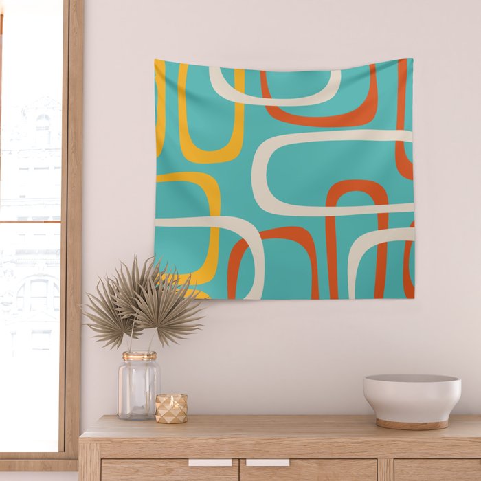 Fine Loops Mid-Century Modern Minimalist Turquoise Teal, Orange, Mustard, and Cream  Wall Tapestry Gallery Image 2