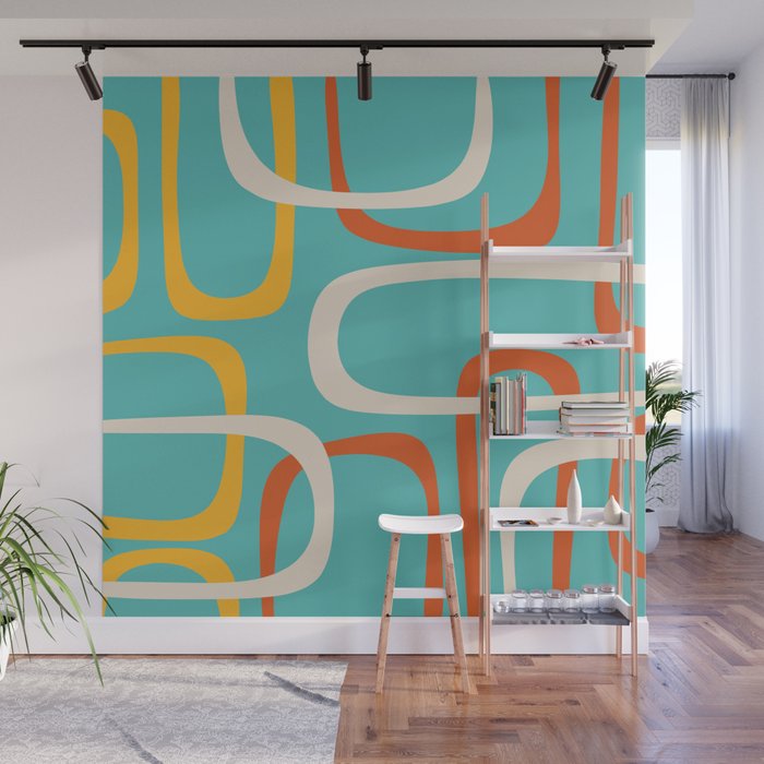 Fine Loops Mid-Century Modern Minimalist Turquoise Teal, Orange, Mustard, and Cream  Wall Mural Gallery Image 1