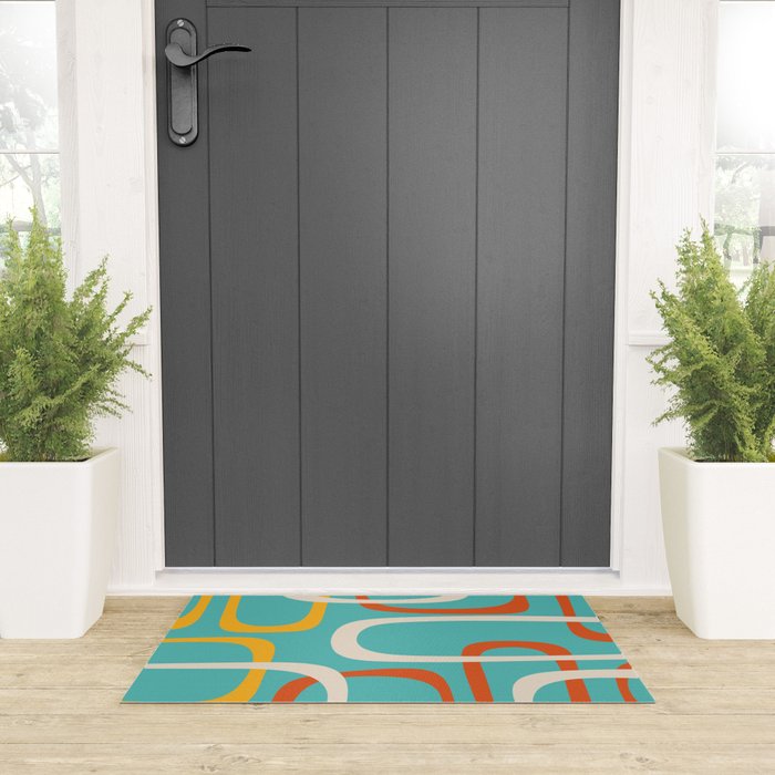 Fine Loops Mid-Century Modern Minimalist Turquoise Teal, Orange, Mustard, and Cream  Welcome Mat Gallery Image 3