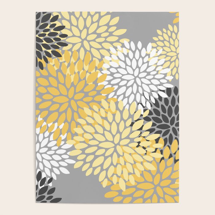 Floral Blooms, Gray, Charcoal, Yellow Poster Gallery Image 4