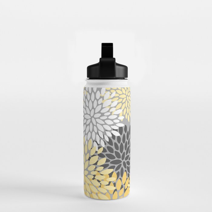 Floral Blooms, Gray, Charcoal, Yellow Water Bottle Gallery Image 2