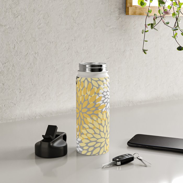 Floral Blooms, Gray, Charcoal, Yellow Water Bottle Gallery Image 4