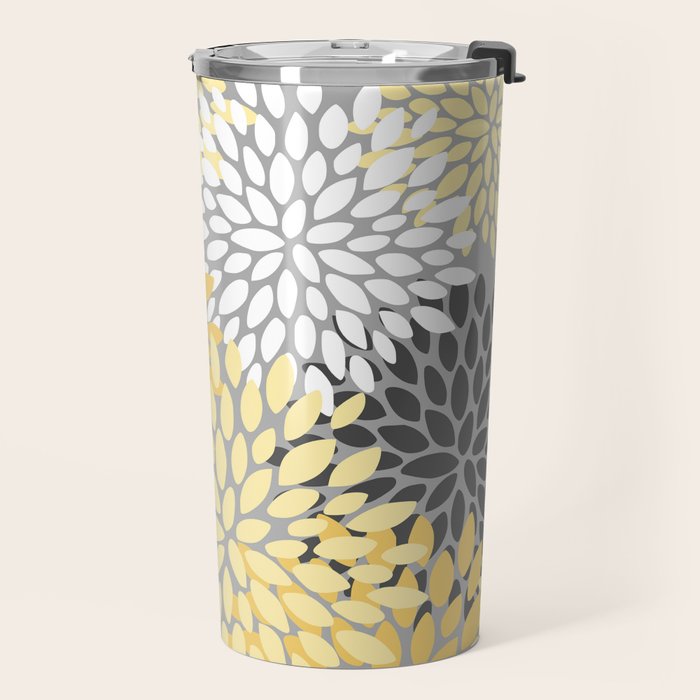 Floral Blooms, Gray, Charcoal, Yellow Travel Mug Gallery Image 2