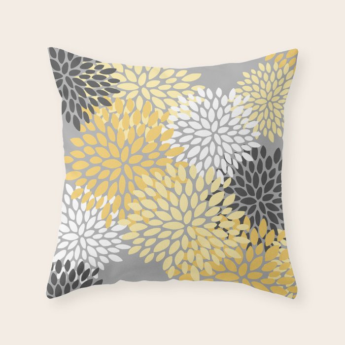 Floral Blooms, Gray, Charcoal, Yellow Throw Pillow Gallery Image 1