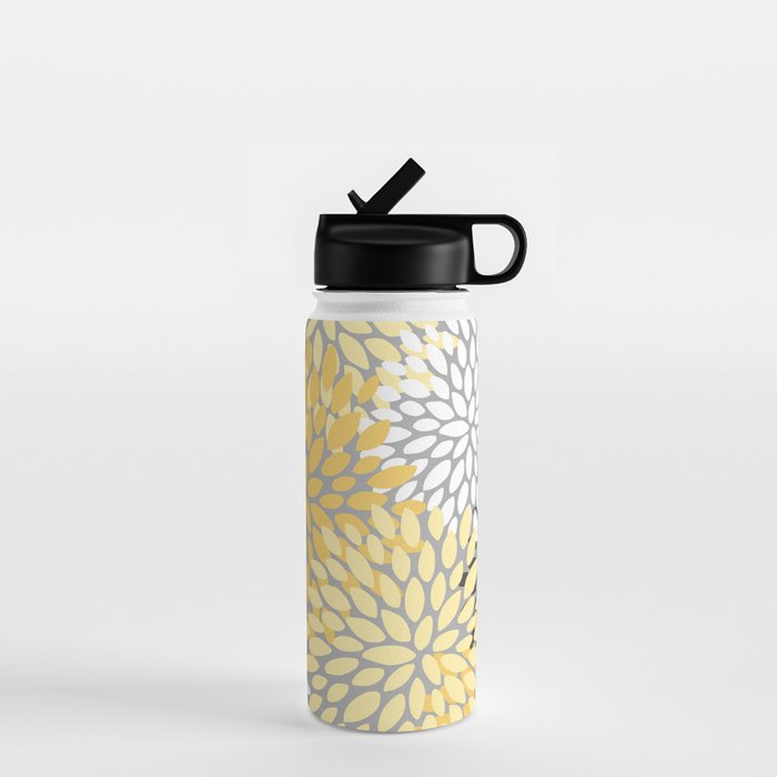 Floral Blooms, Gray, Charcoal, Yellow Water Bottle Gallery Image 1