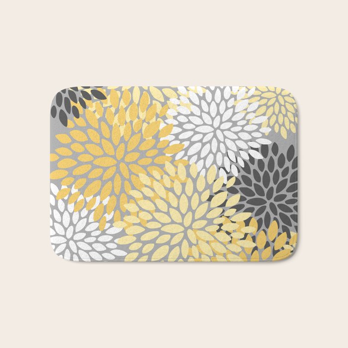 Floral Blooms, Gray, Charcoal, Yellow Bath Mat Gallery Image 1