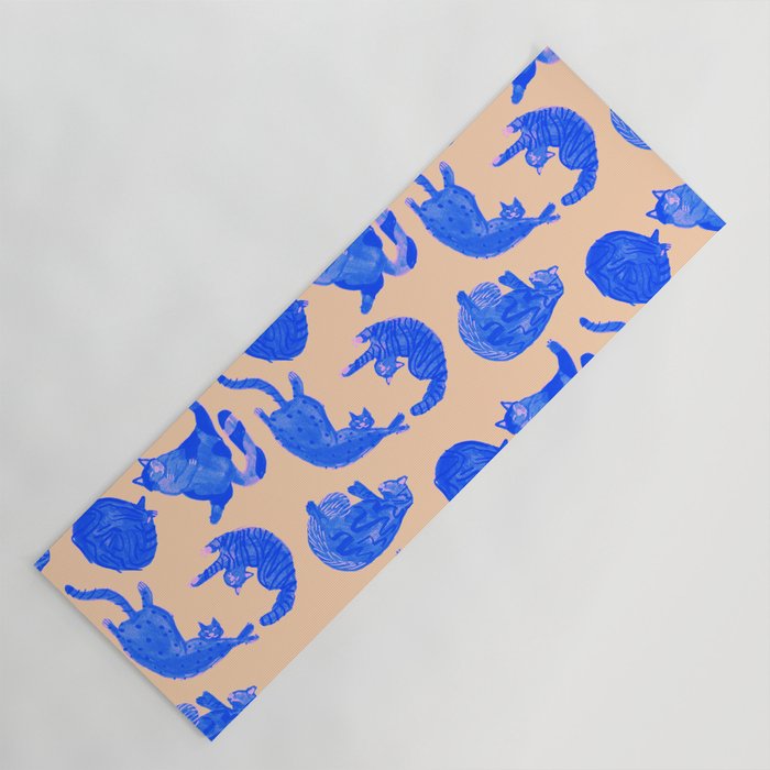 Sleepy Cozy Kitty Cats in Blue & Pink Yoga Mat Gallery Image 1