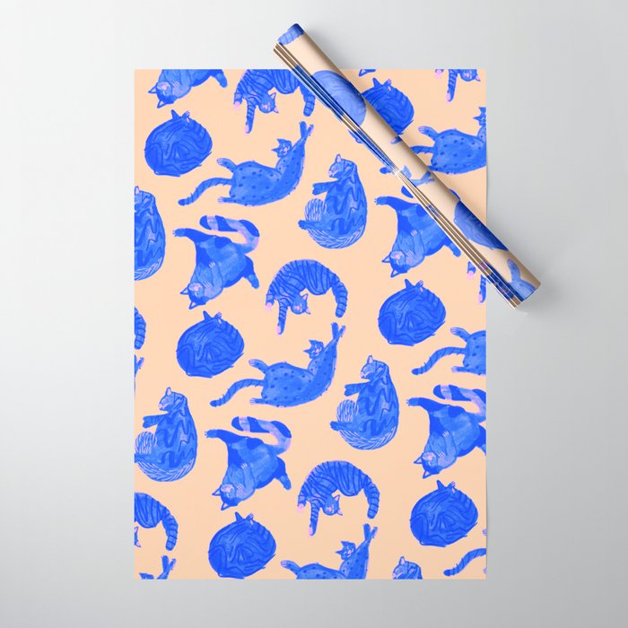Sleepy Cozy Kitty Cats in Blue & Pink Wrapping Paper Gallery Image 1