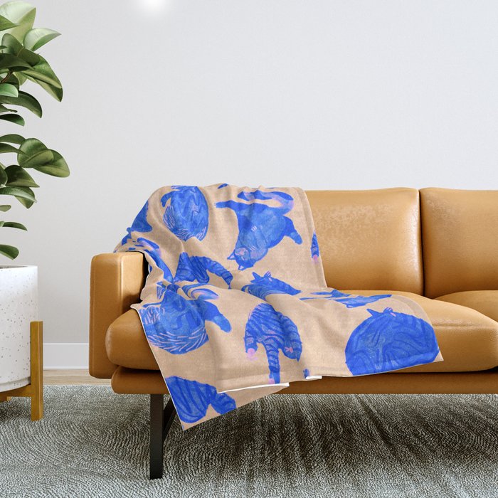 Sleepy Cozy Kitty Cats in Blue & Pink Throw Blanket Gallery Image 1