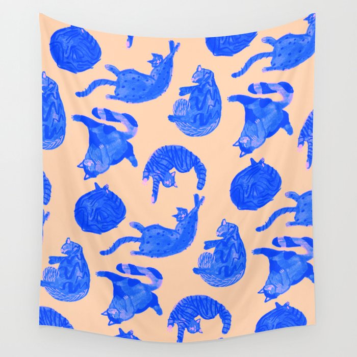 Sleepy Cozy Kitty Cats in Blue & Pink Wall Tapestry Gallery Image 4