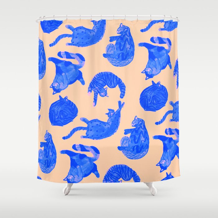 Sleepy Cozy Kitty Cats in Blue & Pink Shower Curtain Gallery Image 1