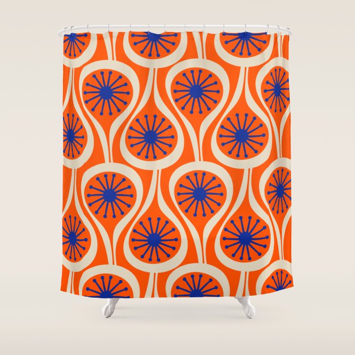 Mid Century Modern Atomic Drops Bright Retro Orange Blue Beige Pattern Shower Curtain Gallery Image 1