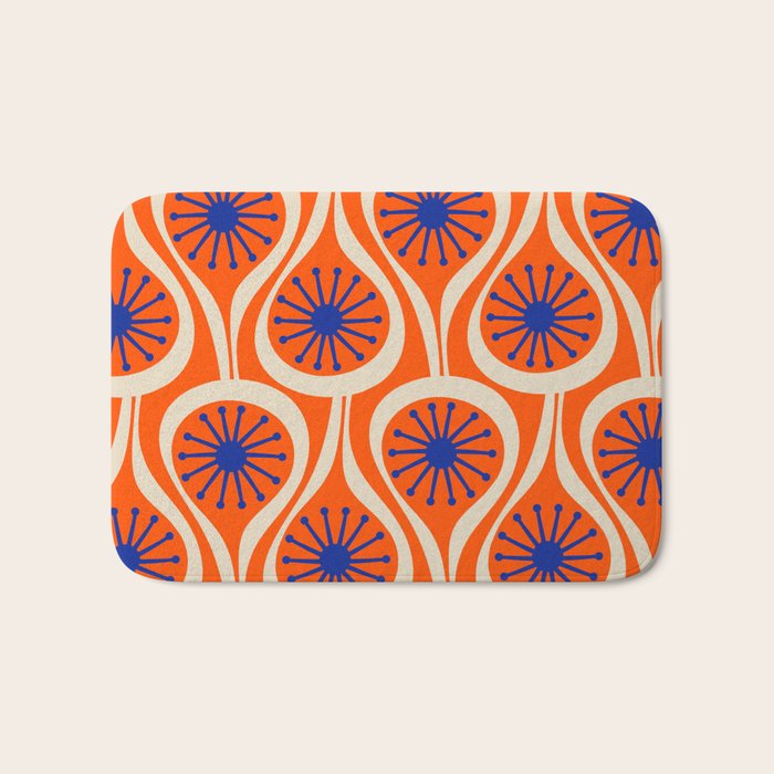 Mid Century Modern Atomic Drops Bright Retro Orange Blue Beige Pattern Bath Mat Gallery Image 1