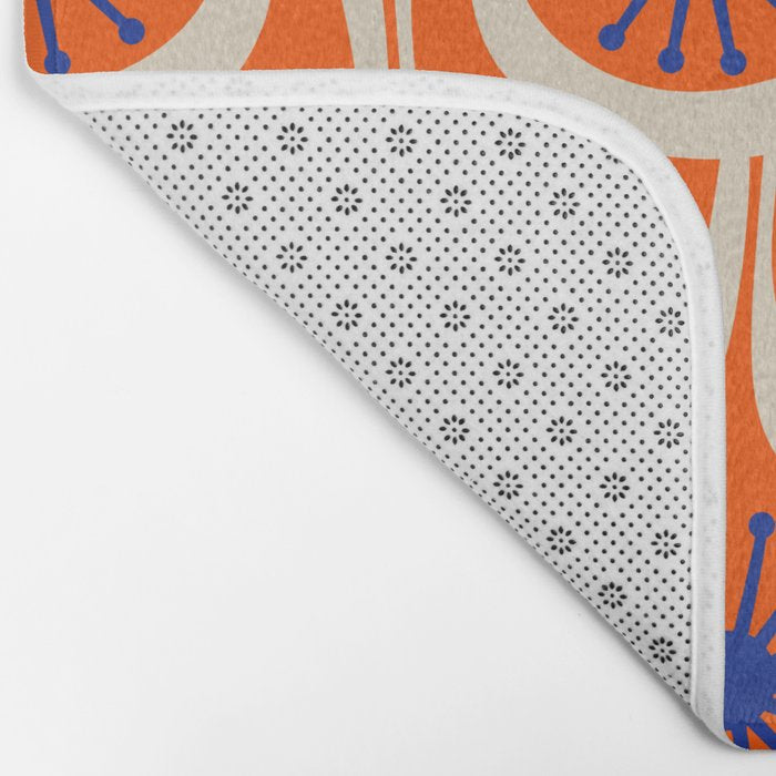 Mid Century Modern Atomic Drops Bright Retro Orange Blue Beige Pattern Bath Mat Gallery Image 2