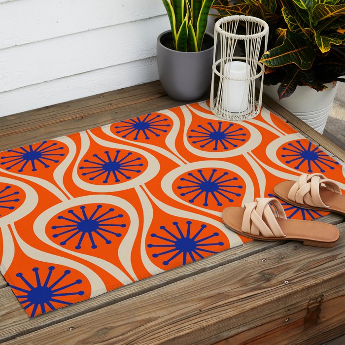 Mid Century Modern Atomic Drops Bright Retro Orange Blue Beige Pattern Outdoor Rug Gallery Image 2
