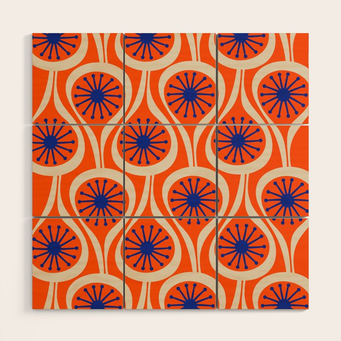 Mid Century Modern Atomic Drops Bright Retro Orange Blue Beige Pattern Wood Wall Art Gallery Image 1
