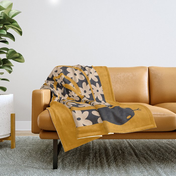 Black & Cream Snake Flower - Orange  Throw Blanket Gallery Image 1