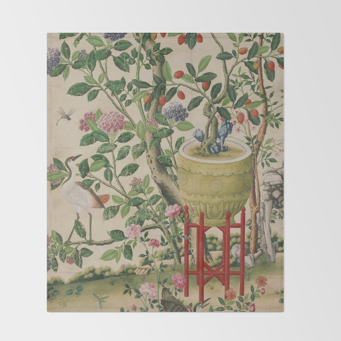 Antique 18th Century Chinoiserie Camellia Fruit Garden Throw Blanket Gallery Image 2