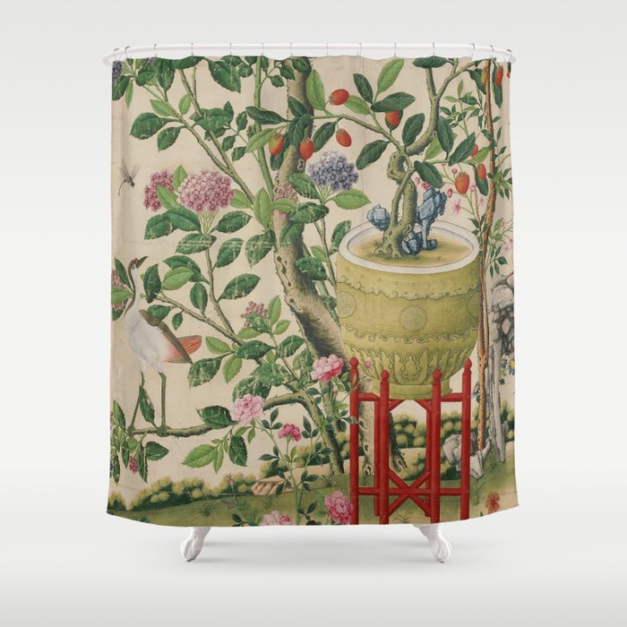 Antique 18th Century Chinoiserie Camellia Fruit Garden Shower Curtain Gallery Image 1