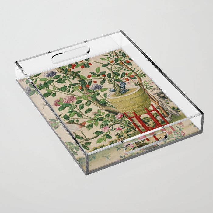 Antique 18th Century Chinoiserie Camellia Fruit Garden Acrylic Tray Gallery Image 1