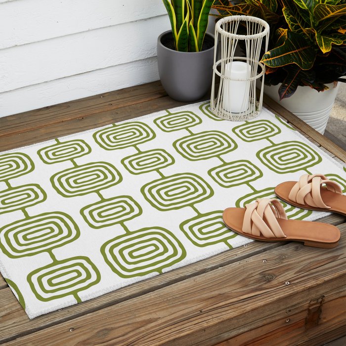 Mid Century Modern Atomic Rings Pattern Olive Green 3 Outdoor Rug Gallery Image 2