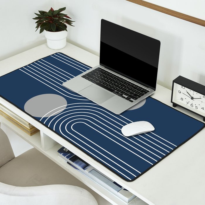 Mid Century Modern Geometric 106 in Navy Blue and Grey (Rainbow and Sun Abstraction) Desk Mat Gallery Image 2