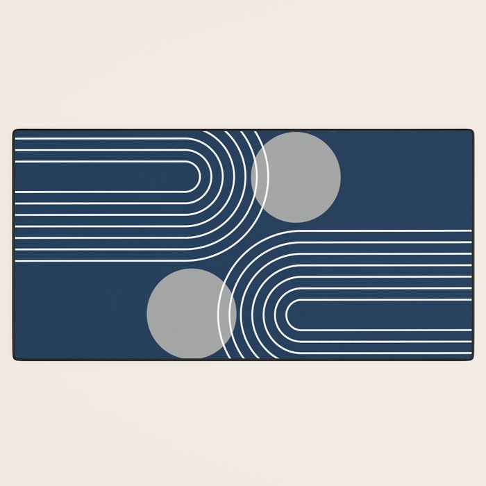 Mid Century Modern Geometric 106 in Navy Blue and Grey (Rainbow and Sun Abstraction) Desk Mat Gallery Image 3