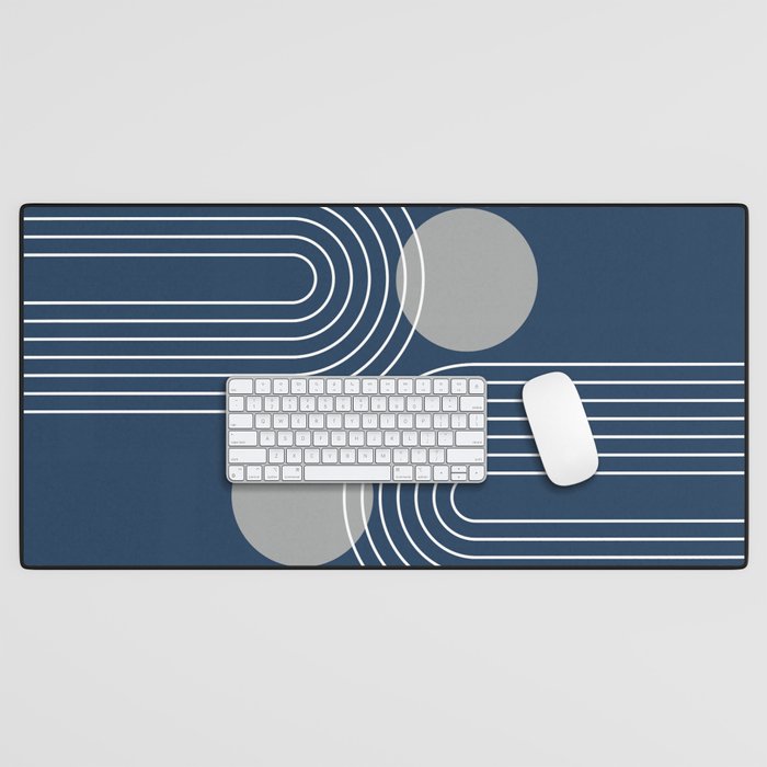 Mid Century Modern Geometric 106 in Navy Blue and Grey (Rainbow and Sun Abstraction) Desk Mat Gallery Image 1