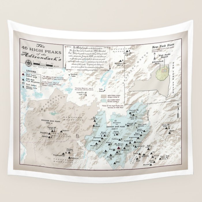 NYS Adirondack 46er Atlas Inspired area map Wall Tapestry Gallery Image 4