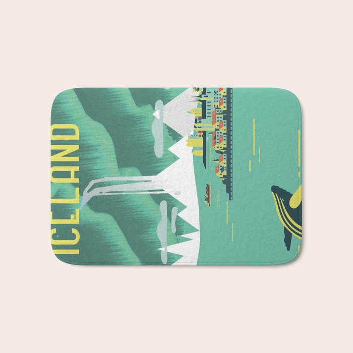 Vintage Mid Century Modern Iceland Scandinavian Travel Poster Ocean Whale Winter Village Bath Mat Gallery Image 1