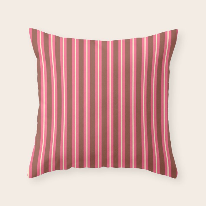 Eclectic Stripes Vertical Pattern in Brown Pink Cream Throw Pillow Gallery Image 1