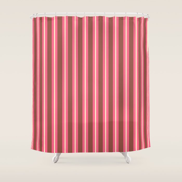 Eclectic Stripes Vertical Pattern in Brown Pink Cream Shower Curtain Gallery Image 1