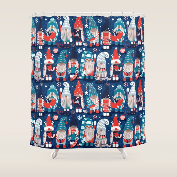 Let it gnome // blue background little Santa's helpers preparing for Christmas neon red classic oxford and pastel blue dressed gnomes Shower Curtain Gallery Image 1