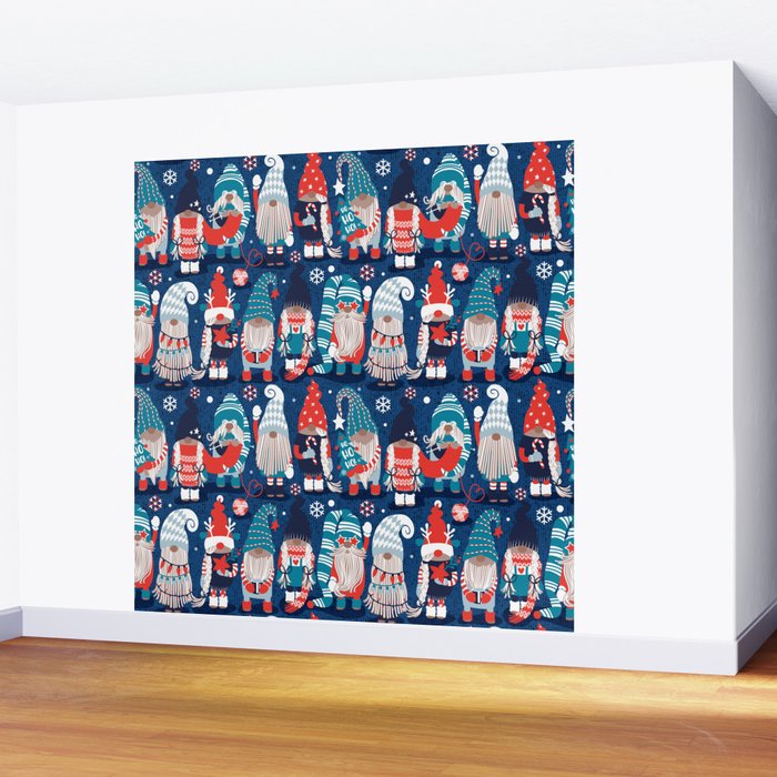 Let it gnome // blue background little Santa's helpers preparing for Christmas neon red classic oxford and pastel blue dressed gnomes Wall Mural Gallery Image 2
