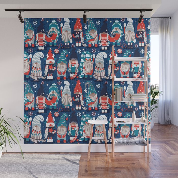 Let it gnome // blue background little Santa's helpers preparing for Christmas neon red classic oxford and pastel blue dressed gnomes Wall Mural Gallery Image 1