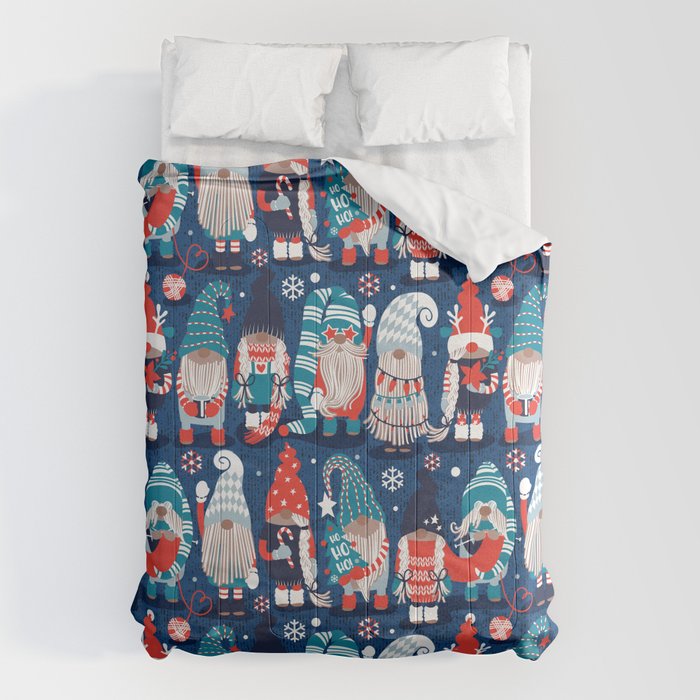 Let it gnome // blue background little Santa's helpers preparing for Christmas neon red classic oxford and pastel blue dressed gnomes Comforter Gallery Image 6